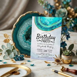 Invitación Fiesta de Cumpleaños Acuarela Geoda de Ágata Turqu