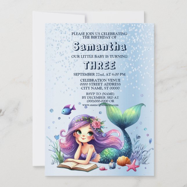 Invitación Fiesta de cumpleaños acuarela Mermaid Sea Life Cut (Anverso)