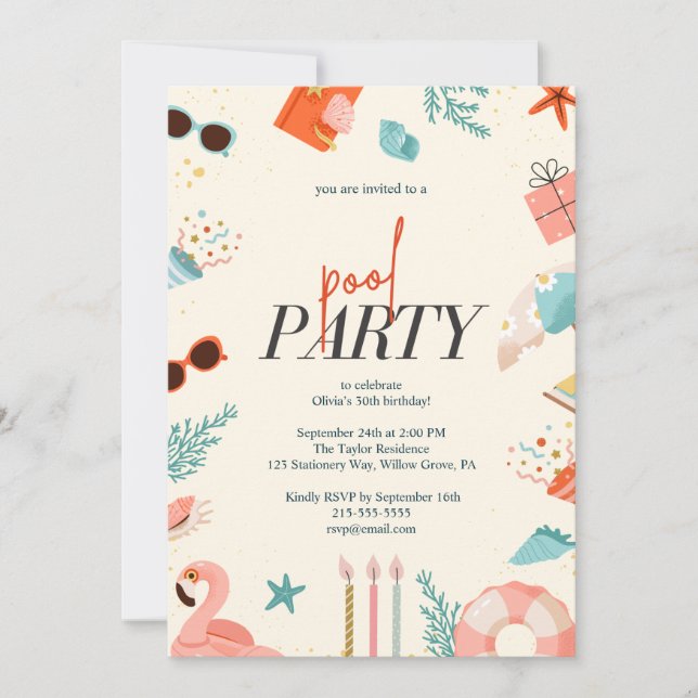 Invitación Fiesta de Cumpleaños Acuática de Verano Ilustrada  (Anverso)