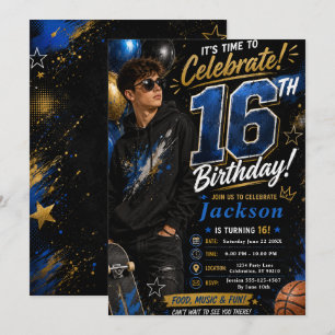 Invitación Fiesta de cumpleaños adolescente Oro Azul