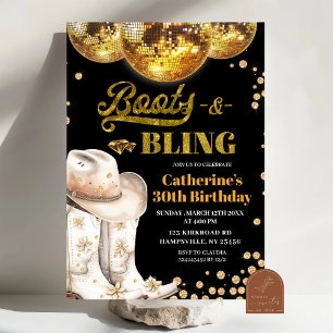 Invitación Fiesta de cumpleaños adulta Botas de oro y brillos