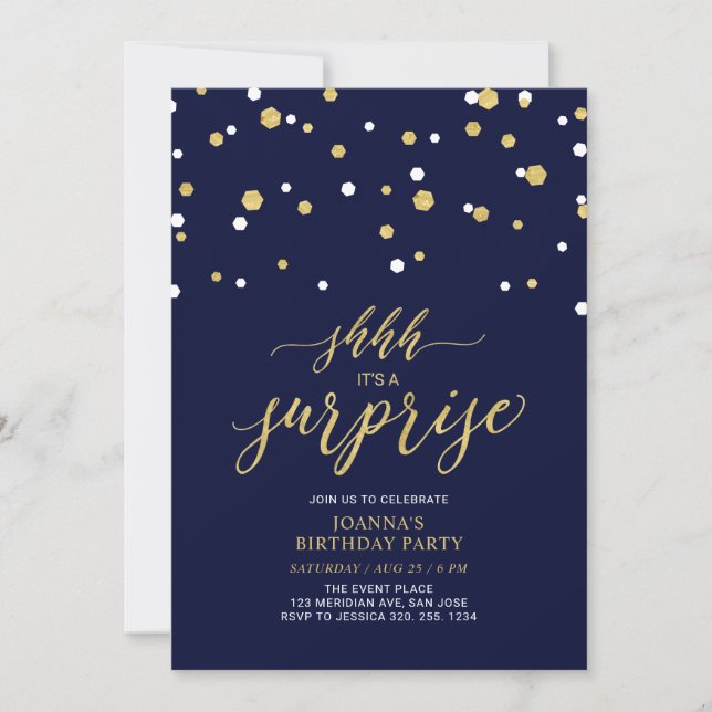 Invitación Fiesta de cumpleaños adulta de Navy y confeti dora (Anverso)