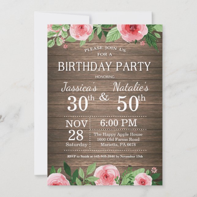 Invitación Fiesta de Cumpleaños Adulto Floral Rustic Joint (Anverso)