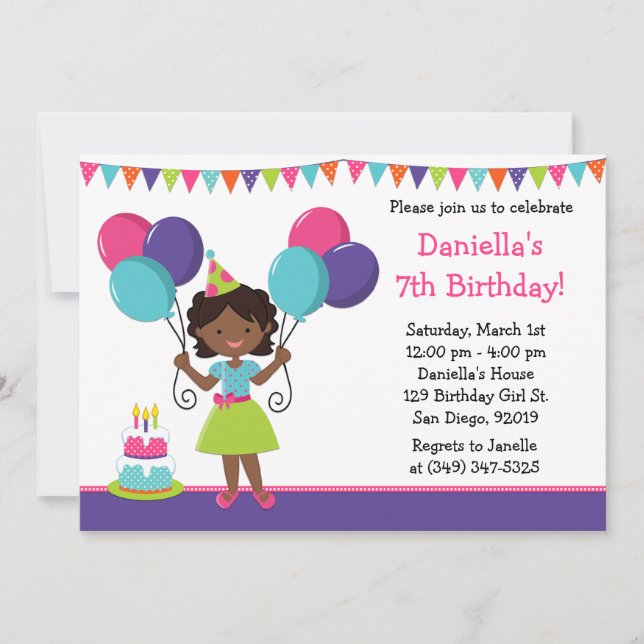 Invitación Fiesta de cumpleaños afroamericana de la niña (Anverso)