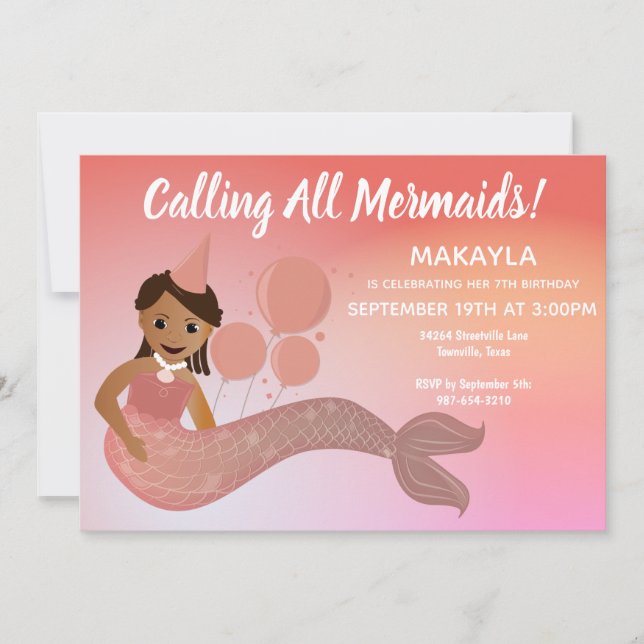 Invitación Fiesta de cumpleaños afroamericana de sirena rosa (Anverso)