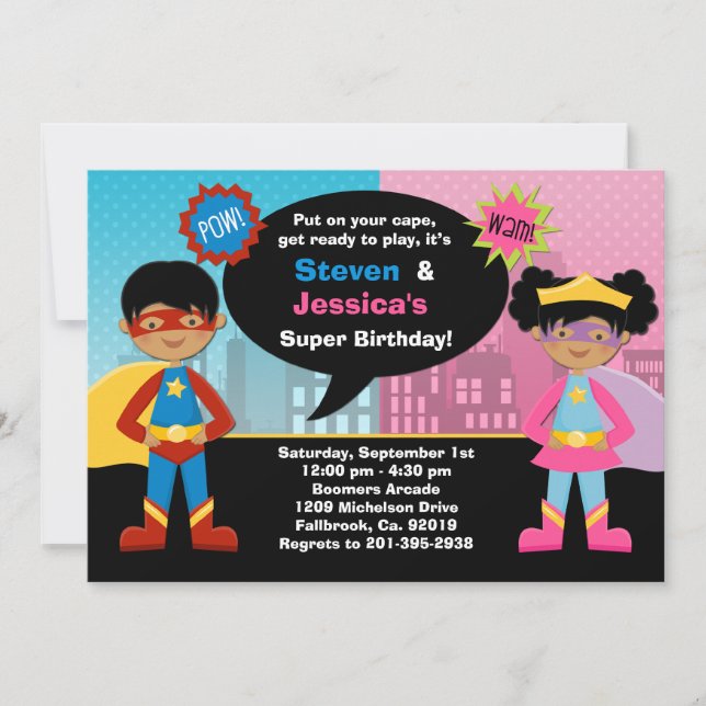 Invitación Fiesta de cumpleaños afroamericana del super héroe (Anverso)