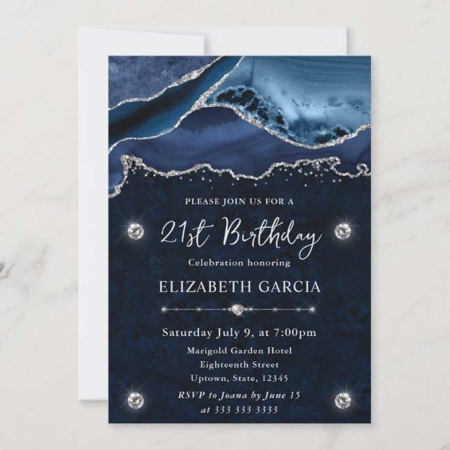 Invitación Fiesta de Cumpleaños Ágata Brillo Plateado Azul (Anverso)