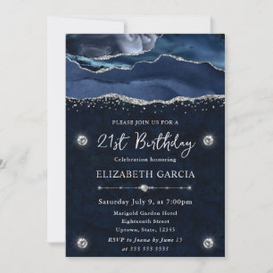 Invitación Fiesta de Cumpleaños Ágata Brillo Plateado Azul