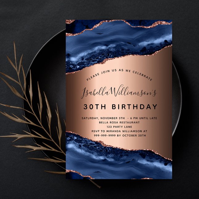 Invitación Fiesta de cumpleaños agate azul mármol rosa de oro (Subido por el creador)