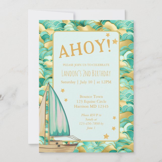 Invitación Fiesta de cumpleaños Ahoy Nautical Green y Gold Bo (Anverso)