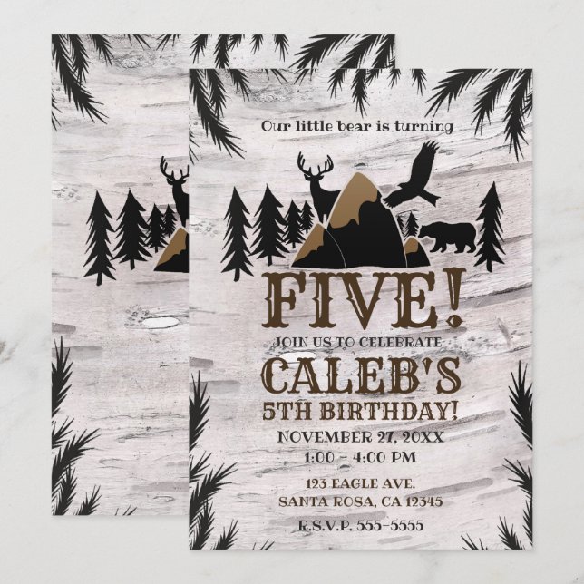 Invitación Fiesta de Cumpleaños al Aire Libre de Abedul Rústi (Anverso / Reverso)