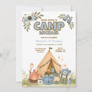 Invitación Fiesta de cumpleaños al aire libre de camping azul