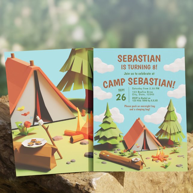 Invitación Fiesta de cumpleaños al aire libre en campamento i (Kids Tent Camp Fire Outdoors Birthday Party Invitation)