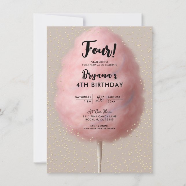 Invitación Fiesta de Cumpleaños Algodón de Azúcar Rosa Confet (Anverso)