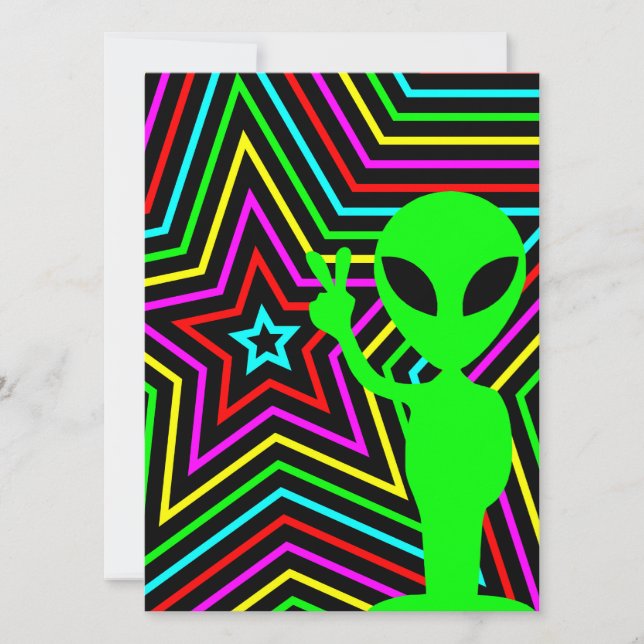 Invitación Fiesta de Cumpleaños Alien Estrellas Arcoíris de L (Anverso)