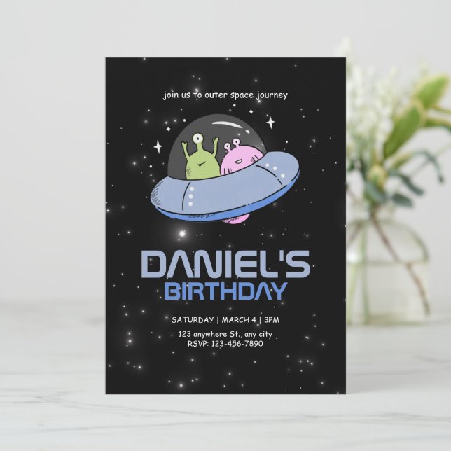 Invitación fiesta de cumpleaños alienígena OVNI cumpleaños en (Anverso de pie)