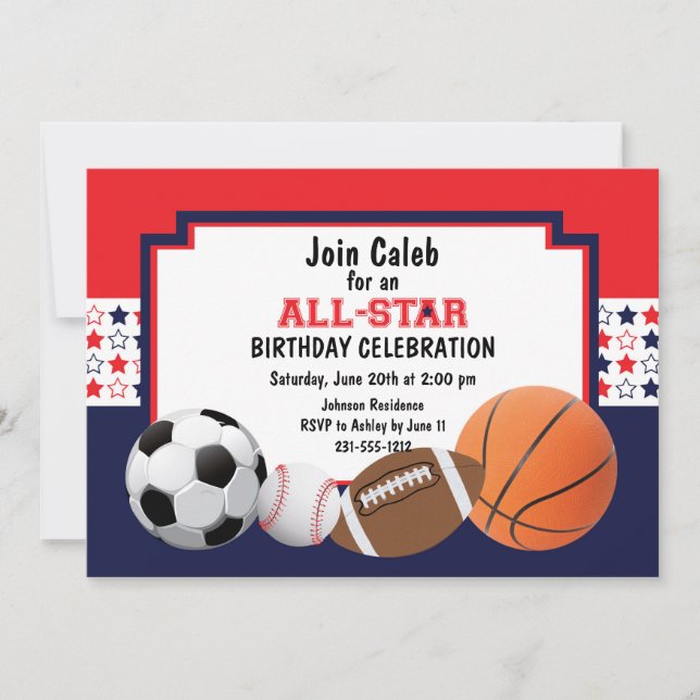 Invitación Fiesta de cumpleaños Allstar - Deportes (Anverso)