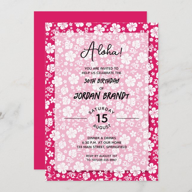 Invitación Fiesta de cumpleaños Aloha Hawaiian Floral Hot Pin (Anverso / Reverso)