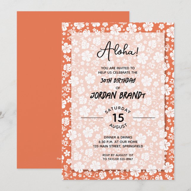 Invitación Fiesta de cumpleaños Aloha Hawaiian Floral Peach (Anverso / Reverso)