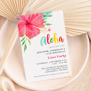 Invitación Fiesta de Cumpleaños Aloha Luau Tropical Rosa Hibi