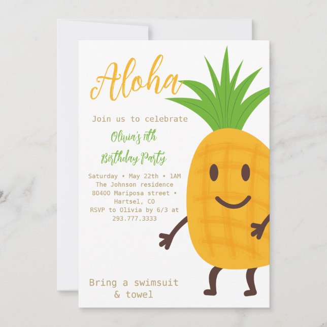 Invitación Fiesta de cumpleaños Aloha Tropical de Piña de Ver (Anverso)