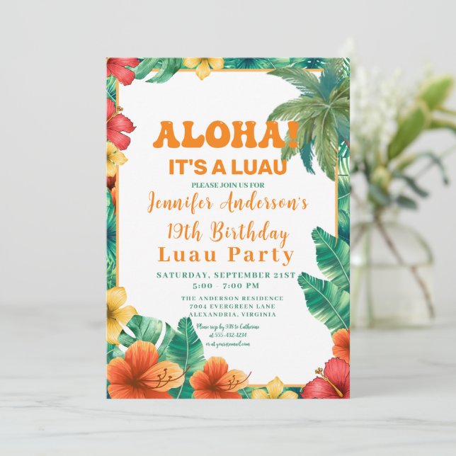 Invitación Fiesta de cumpleaños Aloha Tropical Hawaiano Flora (Anverso de pie)