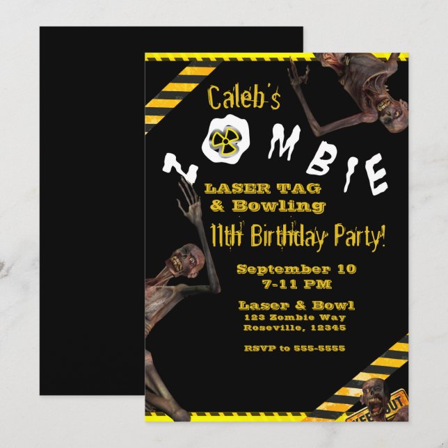 Invitación Fiesta de Cumpleaños Amarilla y Negra de Zombies (Anverso / Reverso)