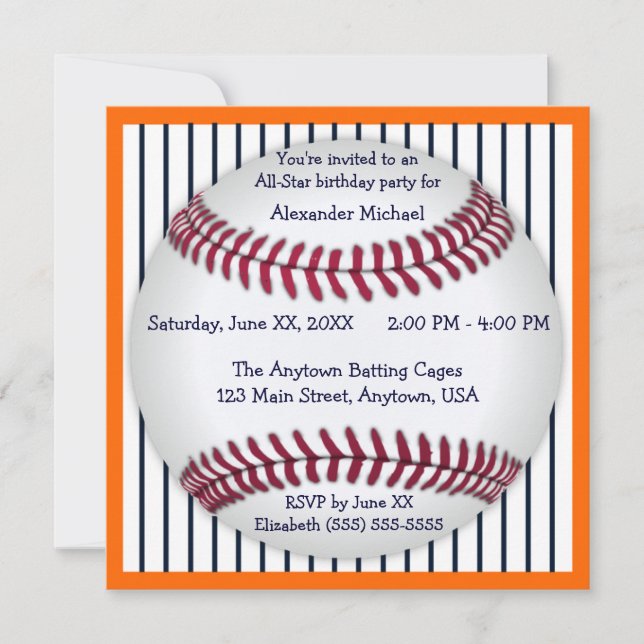 Invitación Fiesta de cumpleaños anaranjada y azul del béisbol (Anverso)