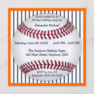 Invitación Fiesta de cumpleaños anaranjada y azul del béisbol
