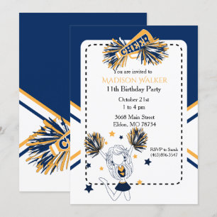 Invitación Fiesta de cumpleaños animadora en azul marino y or