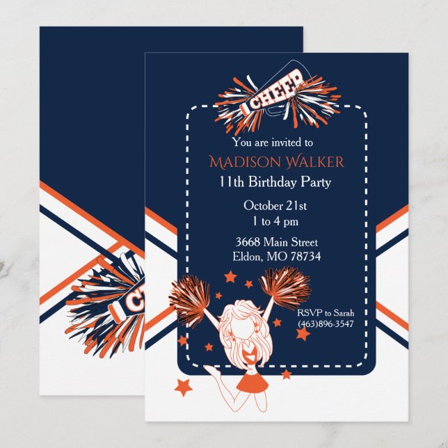 Invitación Fiesta de cumpleaños animadora en azul oscuro y Na (Anverso / Reverso)