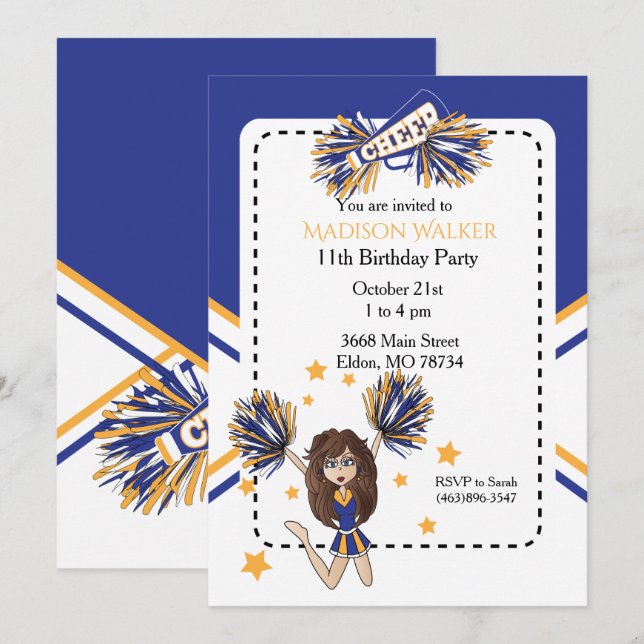 Invitación Fiesta de cumpleaños animadora en azul y oro (Anverso / Reverso)
