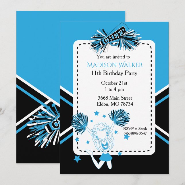 Invitación Fiesta de cumpleaños animadora en Baby Blue (Anverso / Reverso)