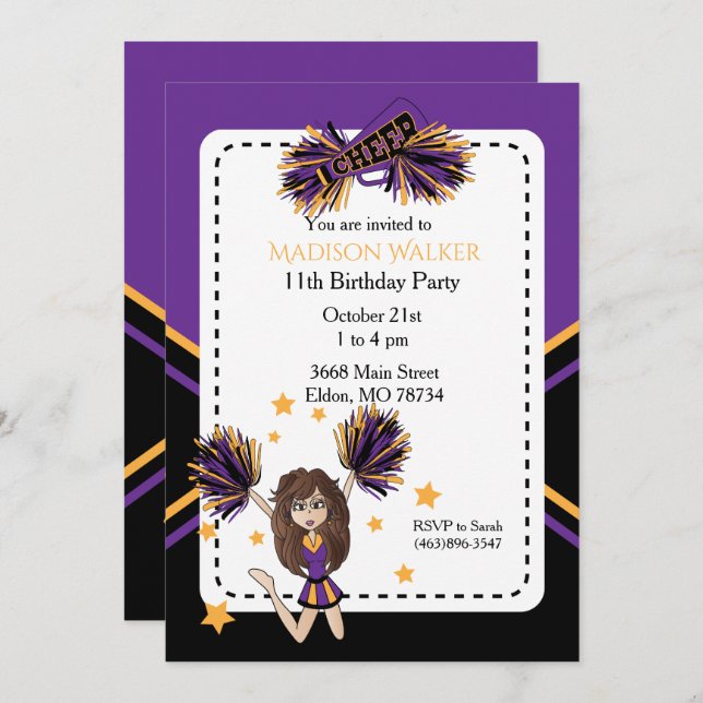 Invitación Fiesta de cumpleaños animadora en morado y oro (Anverso / Reverso)