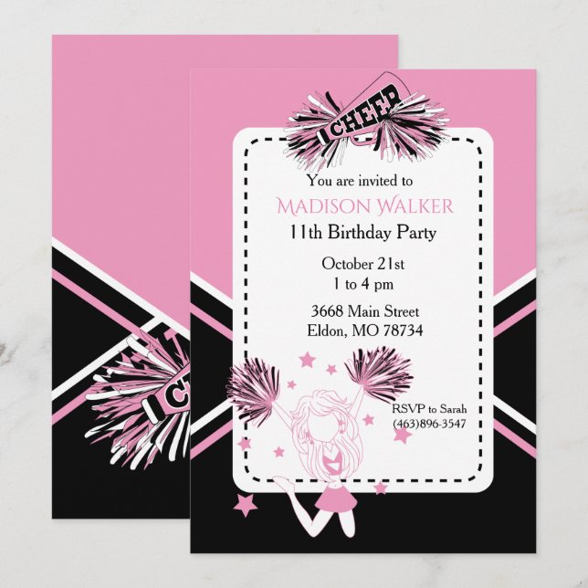Invitación Fiesta de cumpleaños animadora en rosa, negro y bl (Anverso / Reverso)