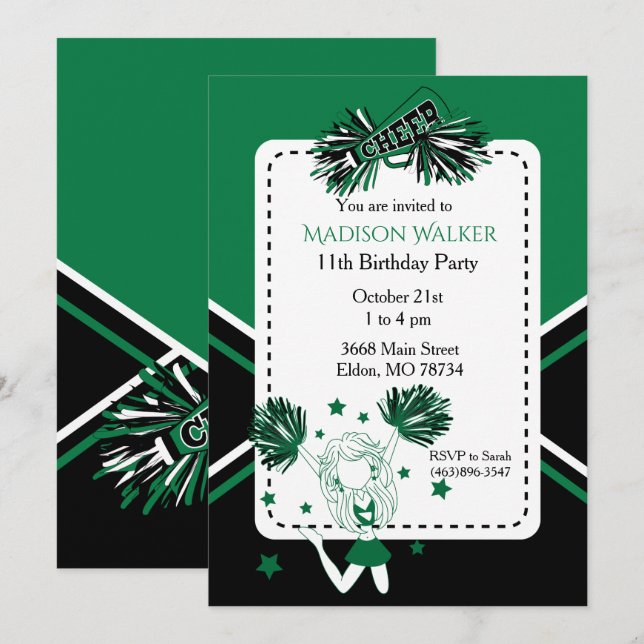 Invitación Fiesta de cumpleaños animadora en verde (Anverso / Reverso)