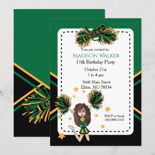 Invitación Fiesta de cumpleaños animadora en verde oscuro y o