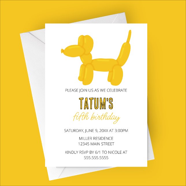 Invitación Fiesta de cumpleaños animal con globo de perro ama (Yellow Dog Balloon Animal Birthday Party Invitation)
