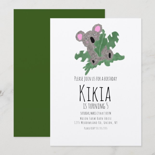 Invitación Fiesta de Cumpleaños Animal Dibujado a Mano Koala  (Anverso / Reverso)