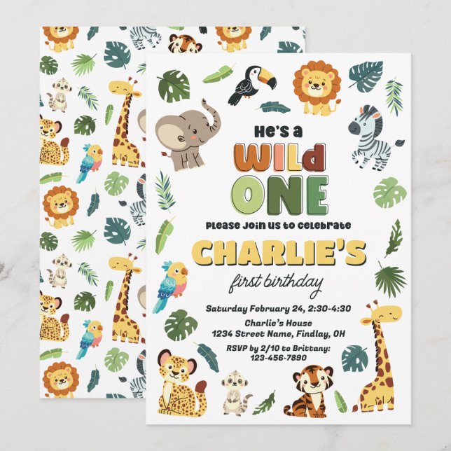 Invitación Fiesta de cumpleaños animal en el zoológico de Saf (Anverso / Reverso)