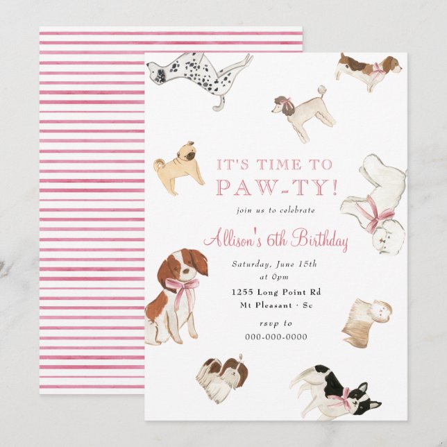 Invitación Fiesta de cumpleaños animal rosado del Chica de Pe (Anverso / Reverso)