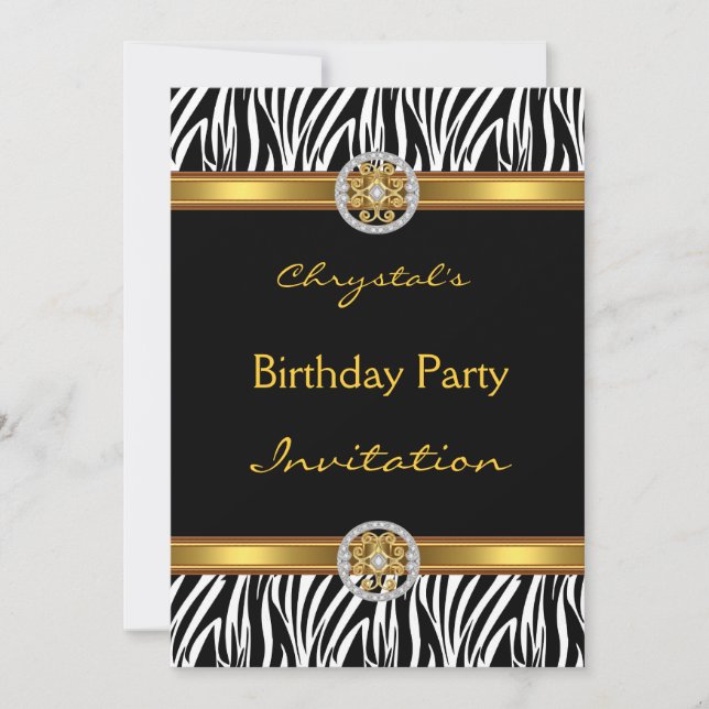 Invitación Fiesta de Cumpleaños Animal Zebra Gold  (Anverso)
