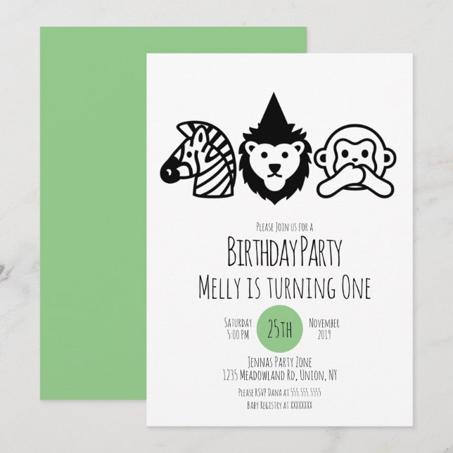 Invitación Fiesta de Cumpleaños Animales Salvajes (Anverso / Reverso)