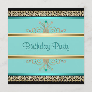 Invitación Fiesta de Cumpleaños Aqua Azul Teal Mujer Negro Or