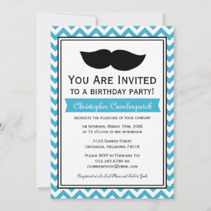 Invitación Fiesta de cumpleaños Aqua Blue Mustache Chevron