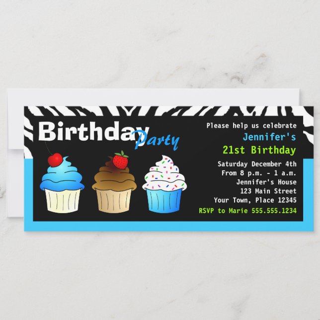 Invitación Fiesta de cumpleaños Aqua Blue Zebra - Pasteles (Anverso)