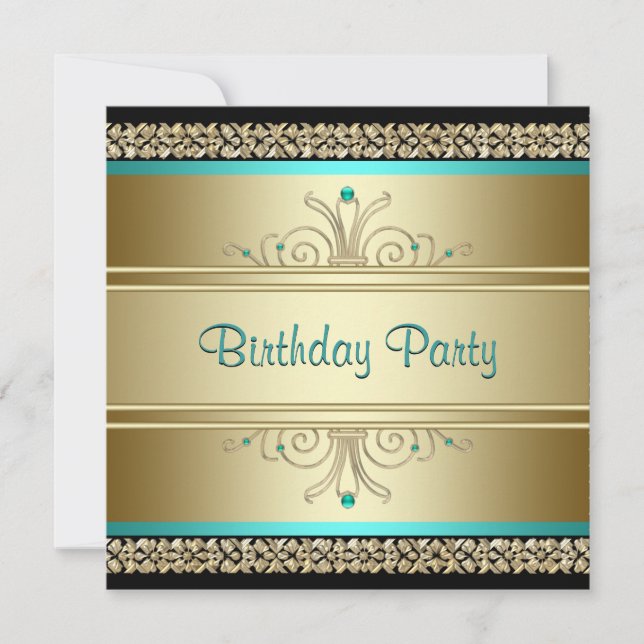 Invitación Fiesta de cumpleaños Aqua Verde azulado Blue y Gol (Anverso)