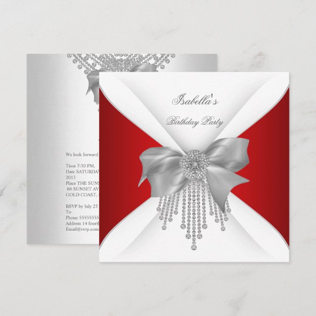 Invitación Fiesta de Cumpleaños Arco de Diamante Rojo Plata B (Anverso / Reverso)