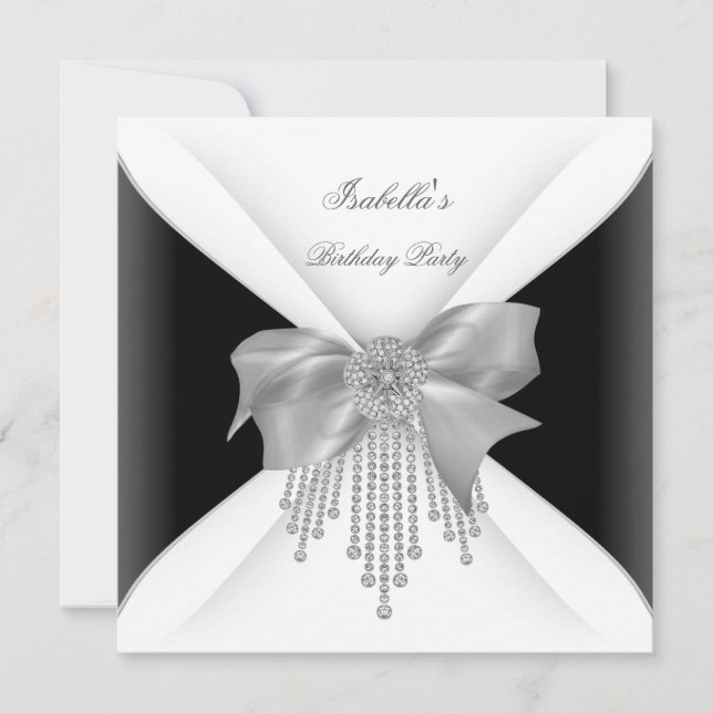 Invitación Fiesta de Cumpleaños Arco de Diamantes Negro Plata (Anverso)