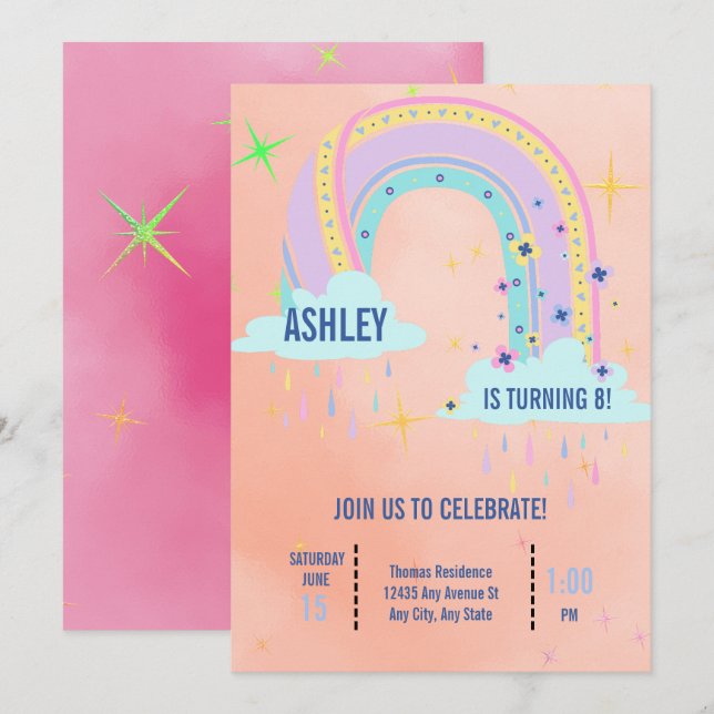 Invitación Fiesta de cumpleaños arcoíris (Anverso / Reverso)